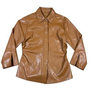 Elie Tahari Faux Leather Short Jacket Shacket Button Down Tan Camel Size XS
